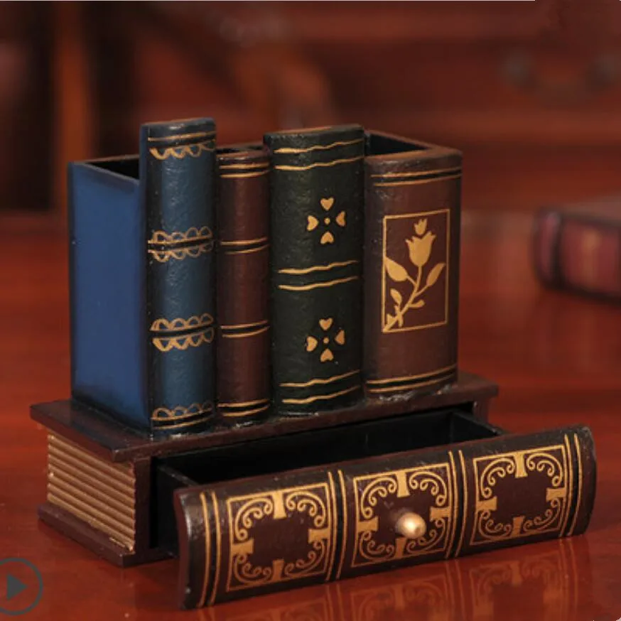 

NOOLIM Multifunction Retro Wooden Pen Holder Book Shape Wood Craft Home Decor Pencil Desktop Storage Box Stationery Holder