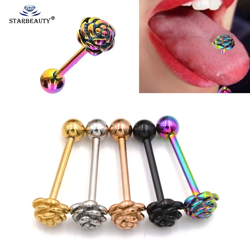 Starbeauty 1pc 3 Color Choice Elegant Rose Flower Tongue Piercing Stud Ring 1 6 19mm Tongue Earring Stud Piercing Men Fashion Body Jewelry Aliexpress