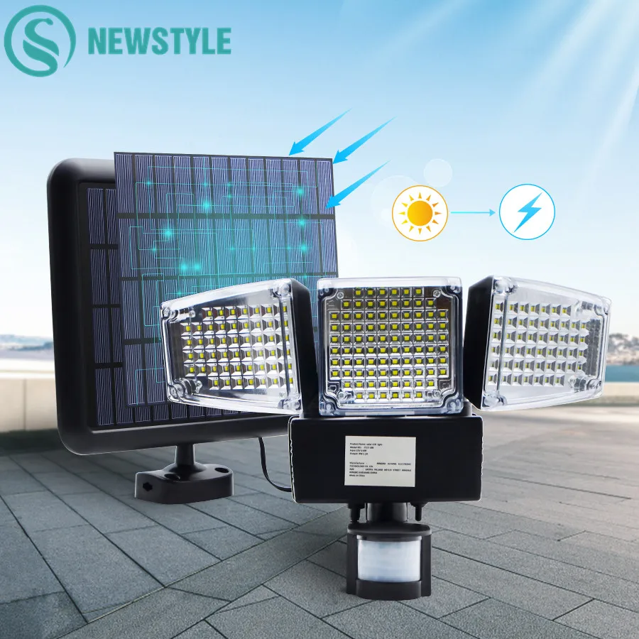  1000LM 188 LED Solar Light Motion Sensor Security Lamp Waterproof Three Head Outdoor Light For Entr - 32998081387