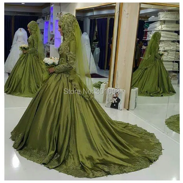 Oumeiya OW549 Lime Green Satin Princess Ball Gown High Neck Long Sleeve font b Hijab b