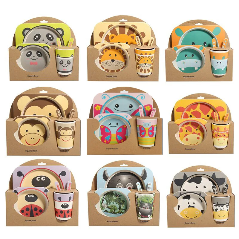 

High Quality Bamboo Fiber Children's Tableware Set Creative Practical Cartoon Bowl Fork 5Pcs/Set Animal Series Tableware