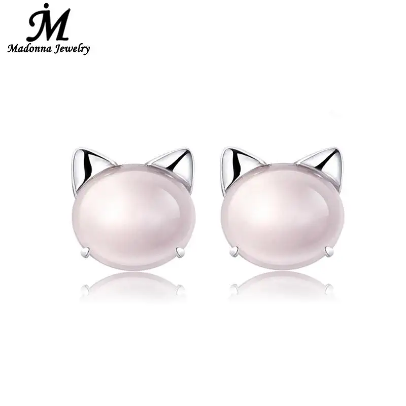 

Luxury Silver Opal crystal Earring Cute Cartoon Cat Ear Design Stone Earrings For Women Jewelry