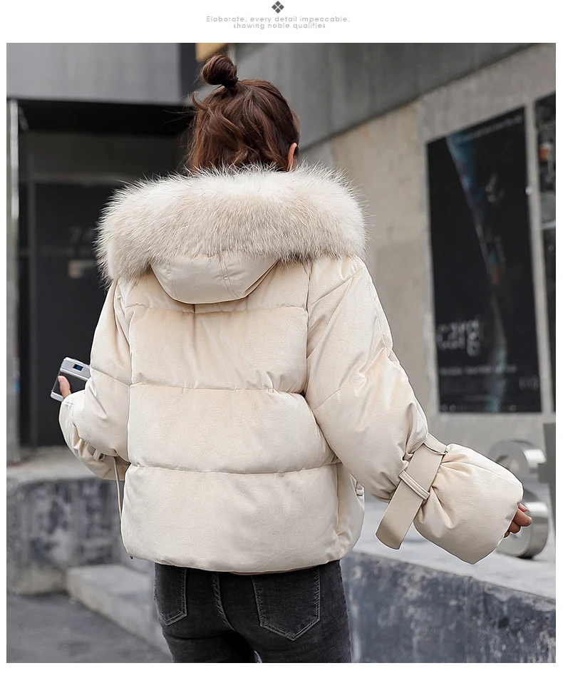 SNOW PINNACLE Autumn Winter short parkas jacket Pink flannel fabric big fur thick warm hooded jacket coat Styled fashion parka