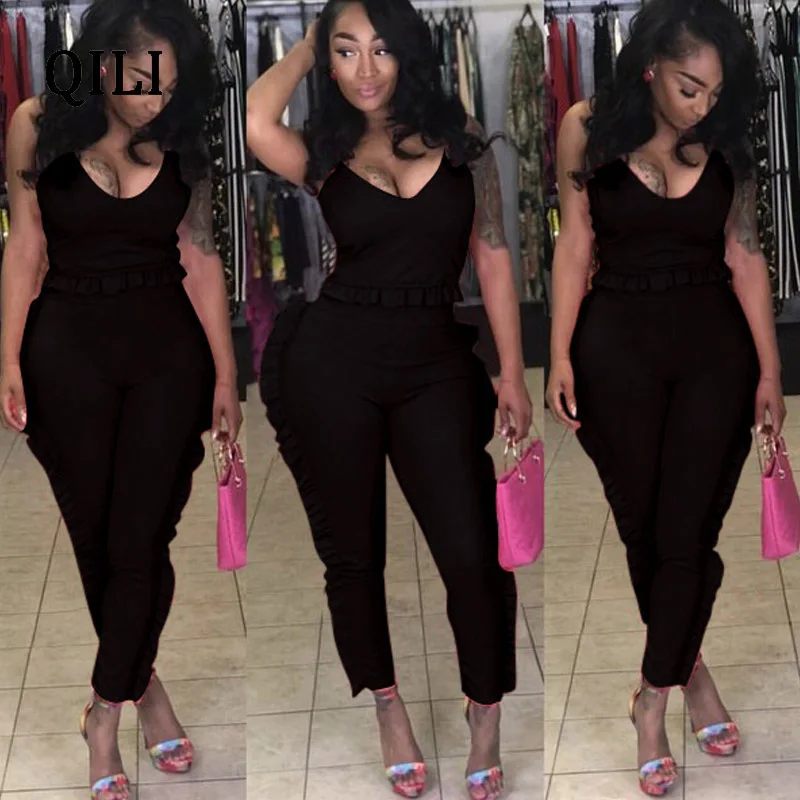 QILI Women Ruffles Jumpsuits Romper Summer Sleeveless Two Piece Set Casual Jumpsuit Woman Fashion Street Wear White Black Red