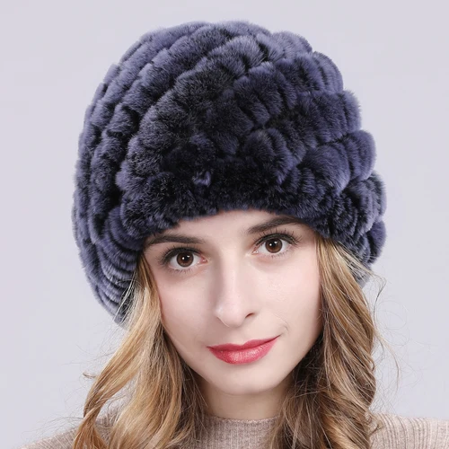 dark blue Зимние Хорошие эластичные Настоящий мех кролика, шапка, женские вязаные меховые шапочки из натурального кролика Рекс, теплые мягкие Меховые шляпки - Цвет: dark blue