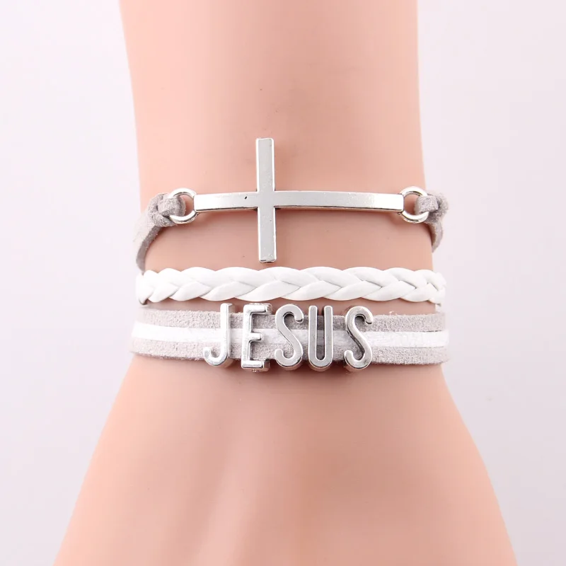 Религиозная вера Иисуса женский браслет крест шарм кожа плетеная тесьма