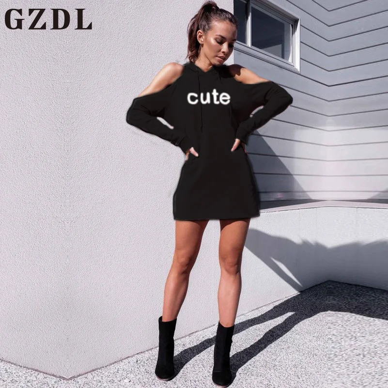 

GZDL Autumn Winter New Hooded Casual Women Letter Dress Fashion Street Hoodie Long Sleeve Off Shoulder Mini Dress Vestido CL4499
