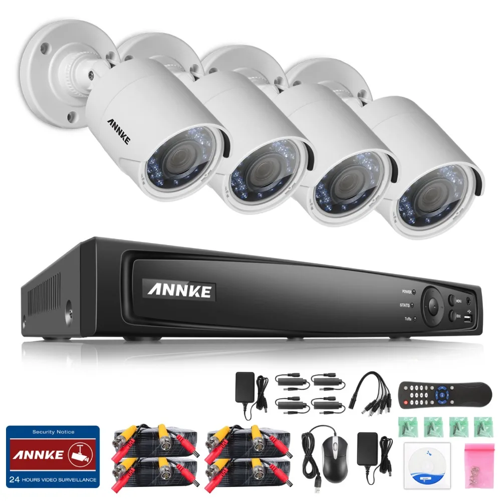 ANNKE 4CH Full 1080P Surveillance 4 in 1TVI DVR 4pcs 2.0MP Outdoor Fixed Night Vision CCTV Cameras, IP66 Weatherproof