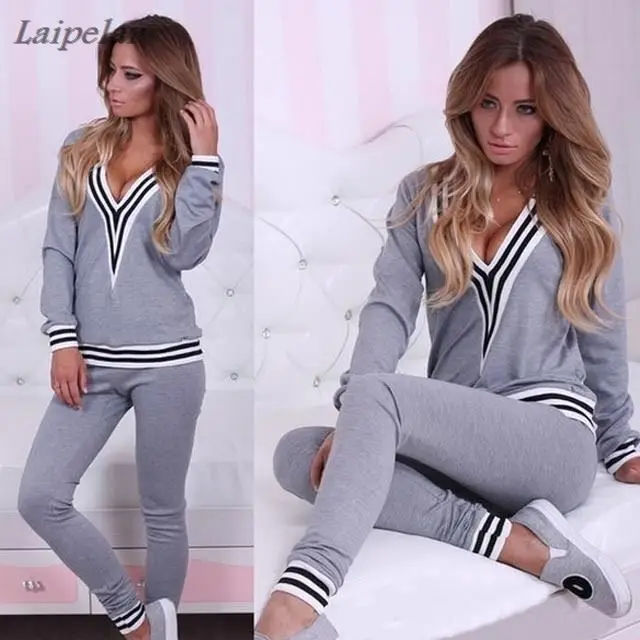 2018 Exo Bts Tracksuit for Women Fashion V-neck black grey striped 2 Pieces Kopo Hoodies sweatshirt women Ivy park own Pullover Hoodies