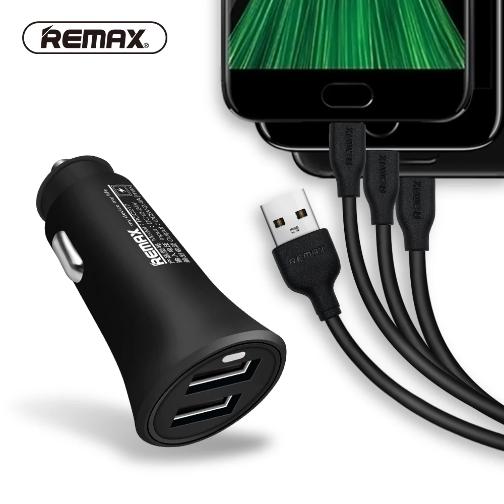 

REMAX 2.4A Dual USB Car Charger with 3in1 data cable Fast Smart Charging Mini LED Car-charger For Iphone 7 8 X/xiaomi/ipad