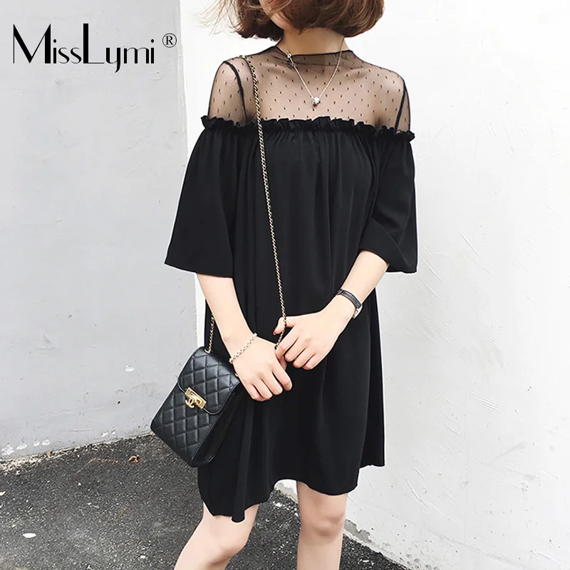 

XL-4XL Plus Size Black Mini Dress Women Summer 2019 Sexy See-Through Mesh Patchwork Pleated Ruffle Flare Sleeve Chiffon Dresses