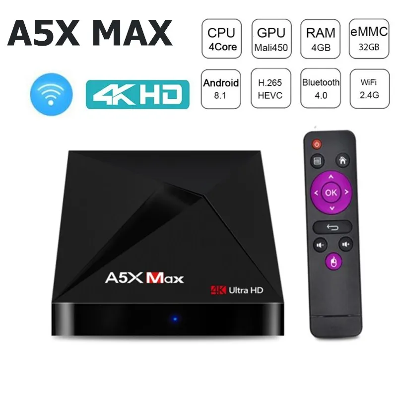 

A5X MAX Android 8.1 Bluetooth4.0 Smart TV Box RK3328 4GB RAM + 32GB ROM 2.4G WIFI Set Top Box Support HDR 4K Media Player