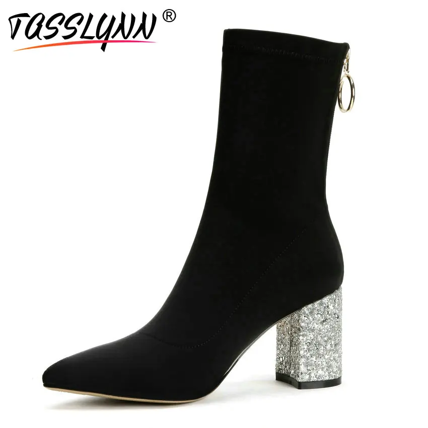 

TASSLYNN 2018 Women Boots Shoes Stretch Fabric Lycra High Heels Ankle Boots PU Autumn Shoes Pointed Toe Zip Woman Size 34-39