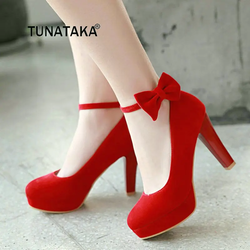 

Sweet Bow Thick High Heel Pumps Fashion Platform Heels Round Toe Party Wedding Women Shoes Black Red Beige