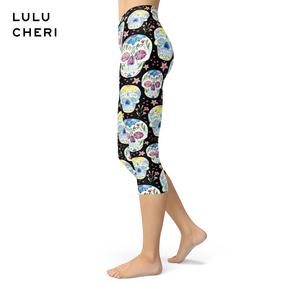 

2019 Summer Flower Skull Pattern Animal Cat Print Capris Women Girls Sugar Brushed Buttery Soft Elasticity Slim Fitness Leggings