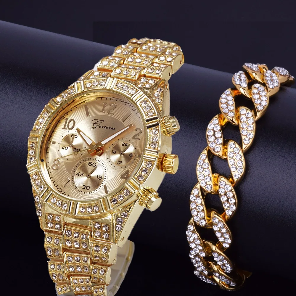 Мужские часы Роскошные модные шикарные CZ золотые часы кварцевые часы три глаза круглые часы 8 дюймов кубинская цепочка браслет