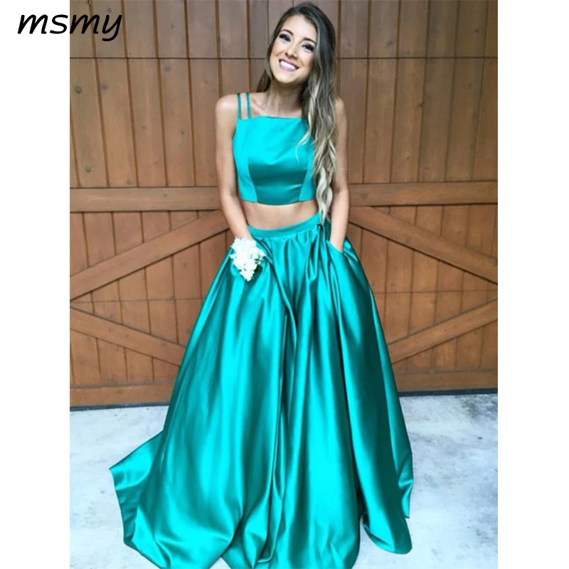 Elegant Two Piece Straps Green Long Prom Dress Ball Gown 119