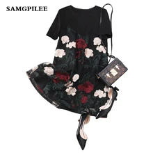 2019 nueva llegada Samgpilee Casual A-line estampado de manga corta bordado hasta la rodilla moda Natural cuello redondo primavera mujeres vestido(China)