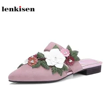 Lenkisen из коровьей замши милые женские слинбэки с острым носком аппликации цветы украшения Причинно Сабо модные однотонные женские туфли на плоской подошве L5f5