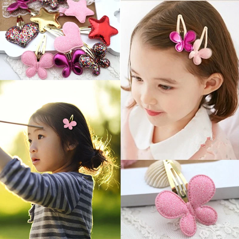 

Hot Sale 1 Pc Kids Girls PU Barrettes Butterfly Hearts Stars BB Hair Clip Hair Accessories 3 Colors
