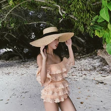 Одежда для купания, 1 шт., купальник для женщин, один костюм, Одноцветный Купальник для женщин, для плавания, пуш-ап, новинка, Каскадное кружево платье, полый торт