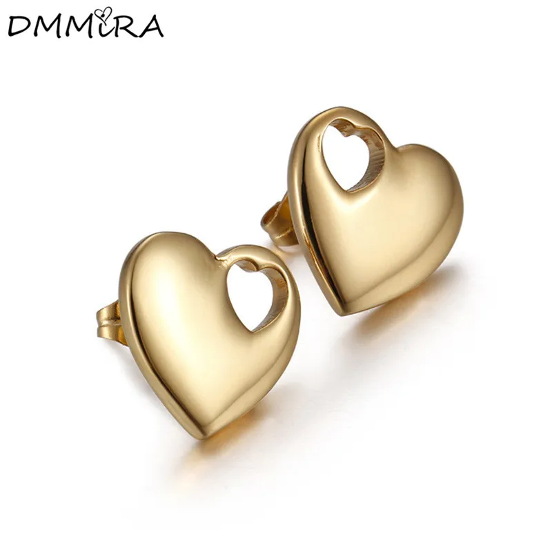 

Fashion Women Heart Earrings Gold Stainless Steel Hollow Heart Stud Earrings Brincos Piercing Jewelry