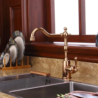 Kitchen Sink Faucets Hot& Cold Brass Sink Mixer Tap Single Handle Deck Mounted Water Crane Tap Gold/Rose gold Kitchen Faucet - Цвет: rose gold 2