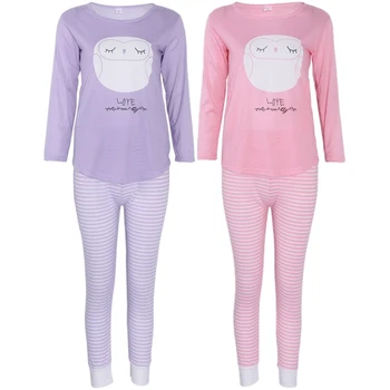 

Women Long Sleeve Cartoon Owl Print Tops And Stripe Pants Pajamas Set Sleepwear JUN14