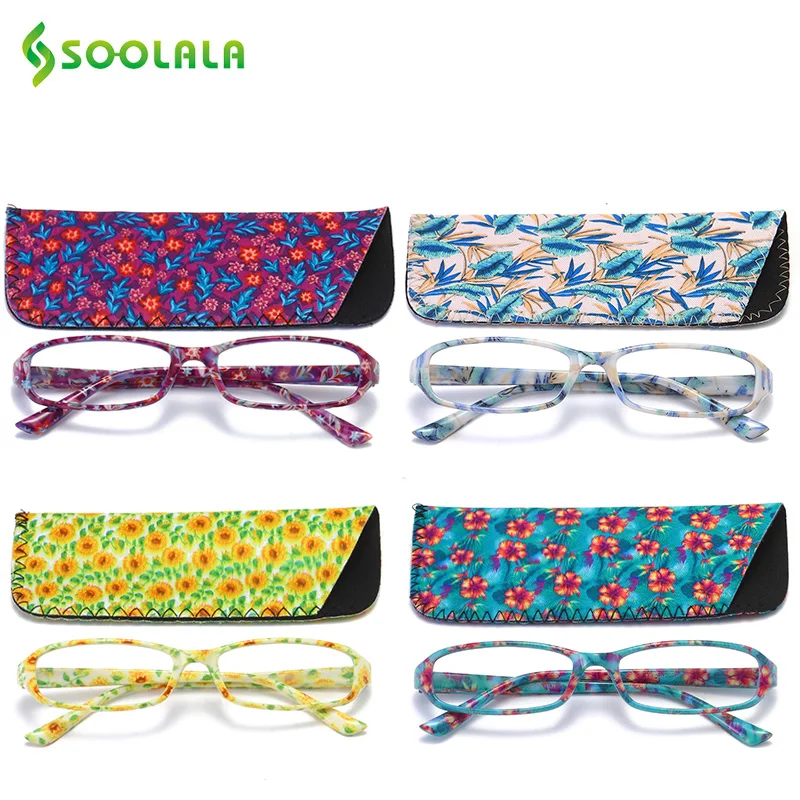 SOOLALA 4pcs Womens Reading Glasses Spring Hinge Rectangular Printed Reading Glasses w/ Matching Pouch +1.0 1.5 1.75 2.25 to 4.0