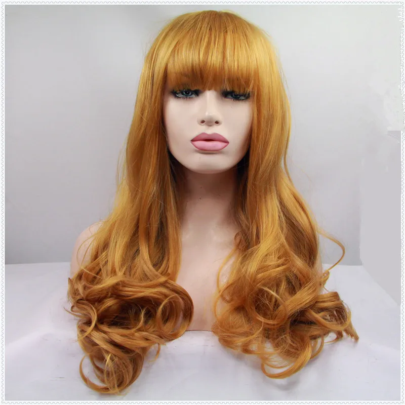 

Hot selling natural brown color hair long body wave hair with bangs Brazilian women hair heat resistant synthetic lace front wig