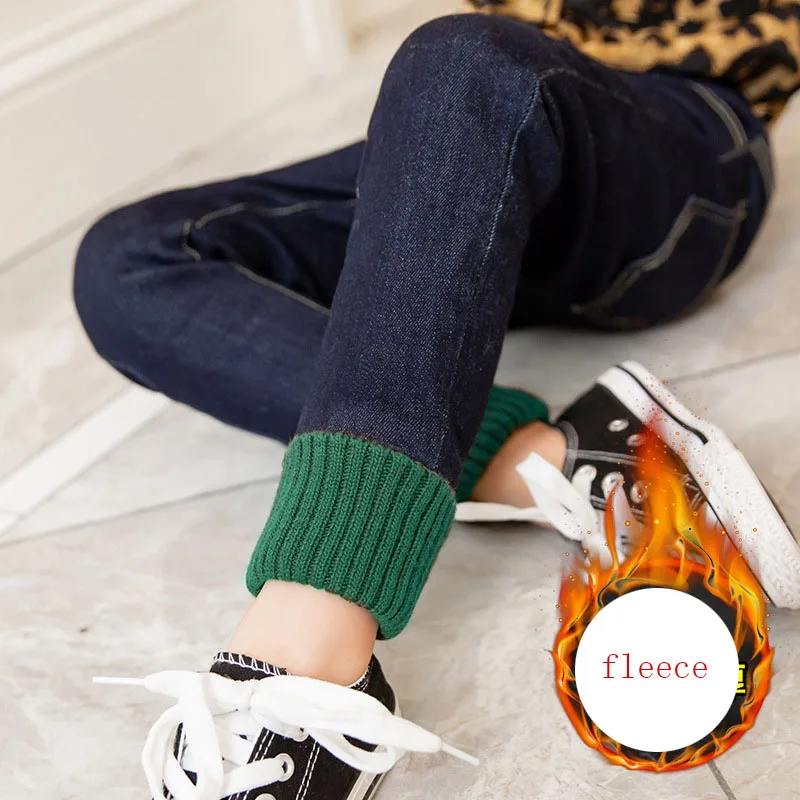

Cotton Skinny Fleece Jeans Pants Girl Mid Waist Patchwork Denim Pants Kids Warm Trousers Jeans For Teenagers Children Bottoms