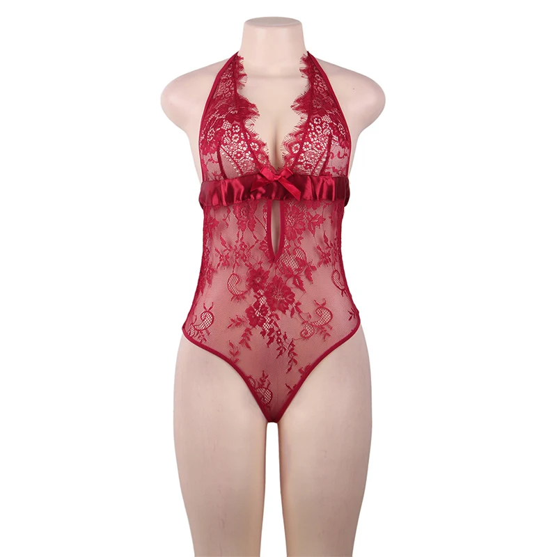 red teddy Комбинезоны Eroticos Trasparentes Глубокий V кружева Тедди нейлон Для женщин Открыть Батт спинки сексуальное тело белье Плюс Размеры черный, красный синий R80687 - Цвет: red teddy