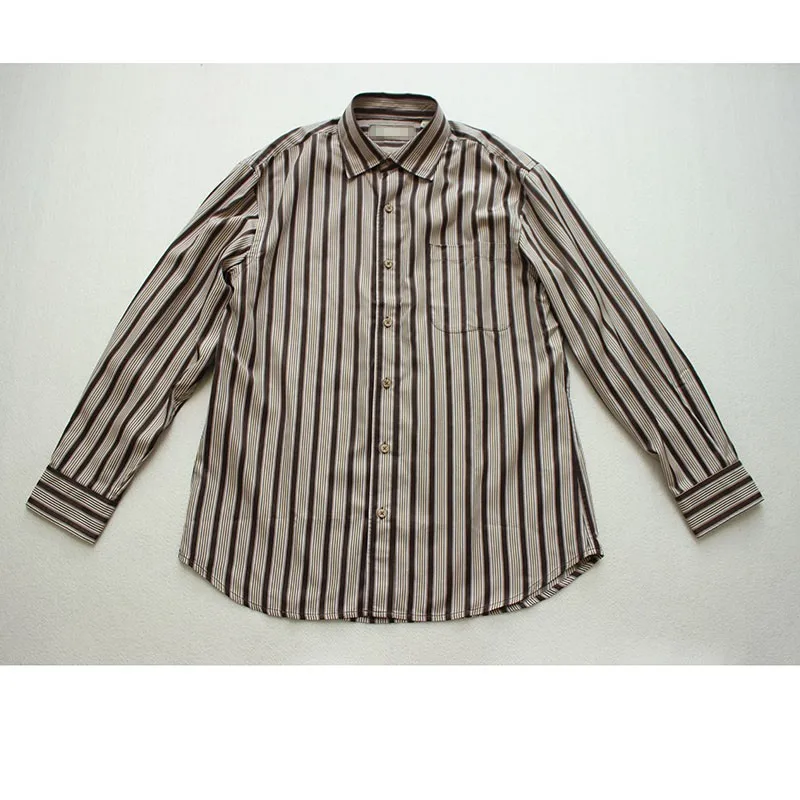 

Two Colors Silk Men Spring Shirts Long Sleeve Striped Blue Brown Casual