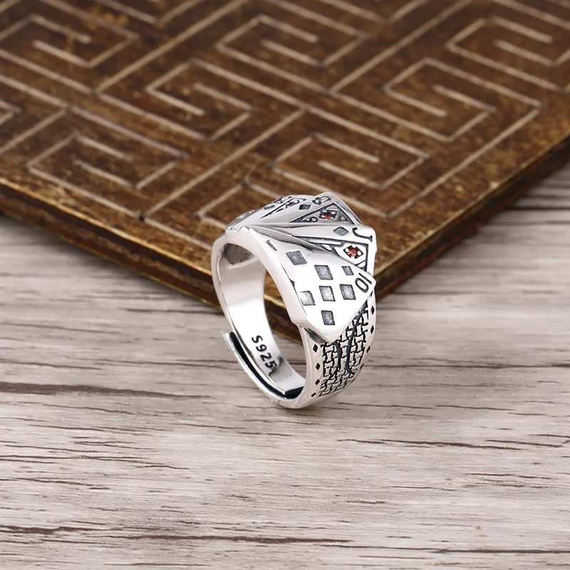 Tonglin, серебро 925 пробы, игральные карты, кольцо для мужчин, регулируемое, Ретро стиль, широкий, для игрока, персонализированное, пара, кольцо, классный подарок на день рождения
