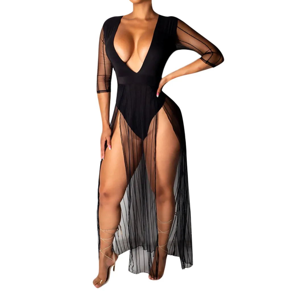 

JAYCOSIN 2019 Women's Solid Color V-neck Half Sleeve mesh stitching Carved backs one-piece side slit sexy dress vestido dropship