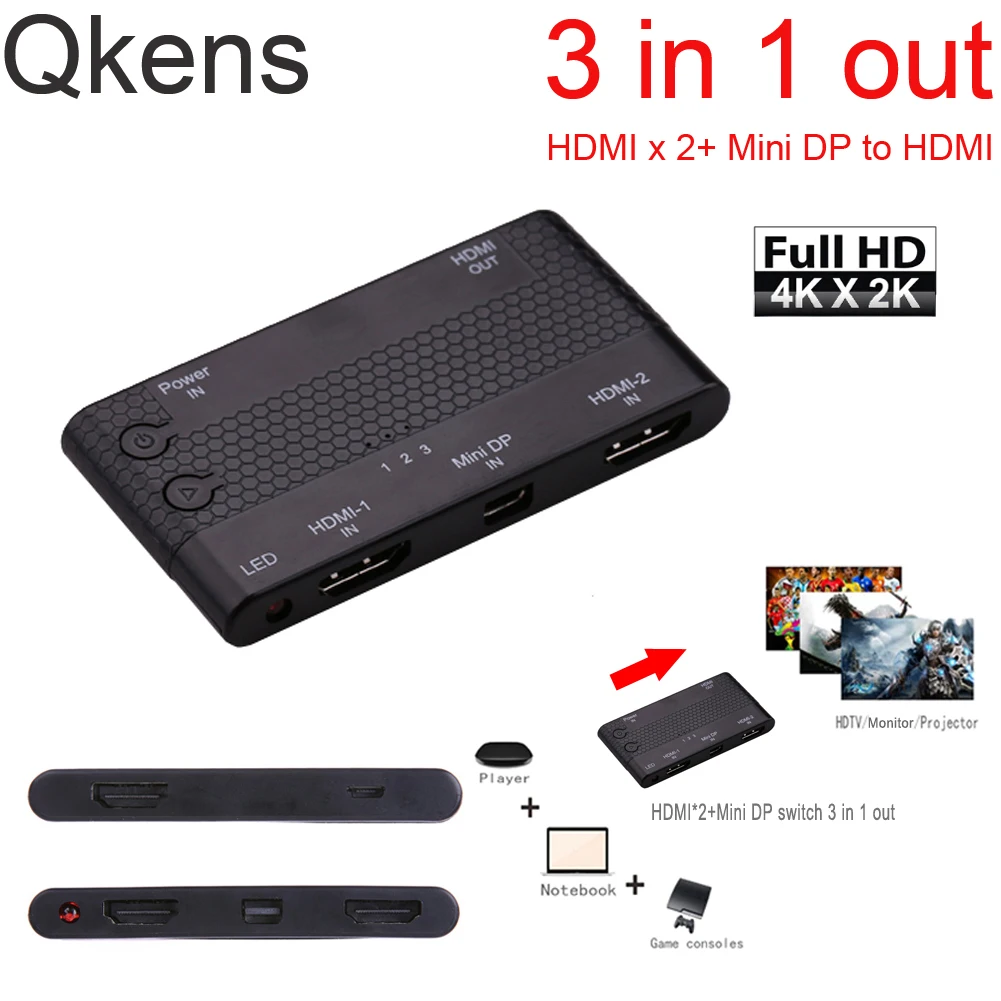 3 в 1 Выход HDMI x 2 + Mini DP Displayport для Switch Switcher конвертер сплиттер Macbook PS3 XBOX/PC ноутбук