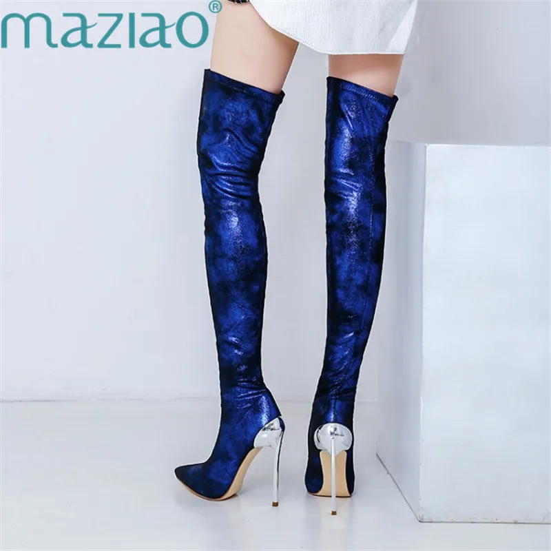 

Women Winter High Boots Pointed Toe Short Plush Rubber Sexy Super High Heel Shoes Woman Boots Luxury Blue MAZIAO