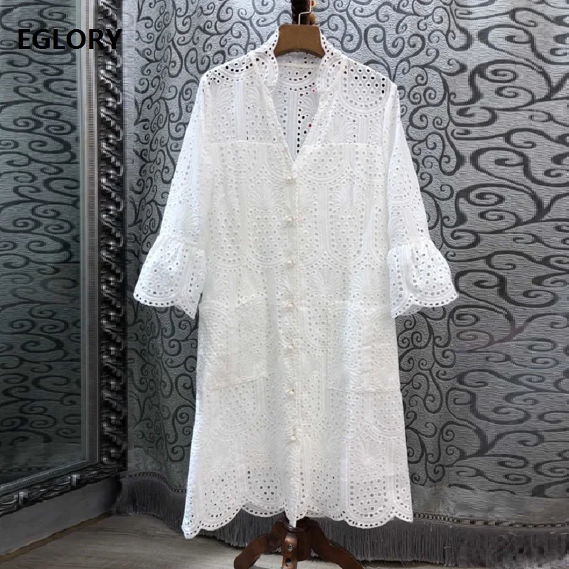 

High Quality White Dress 2019 Autumn Women V-Neck Pineapple Embroidery Flare Sleeve Beading Button Vintage Retro Dress Vestidos