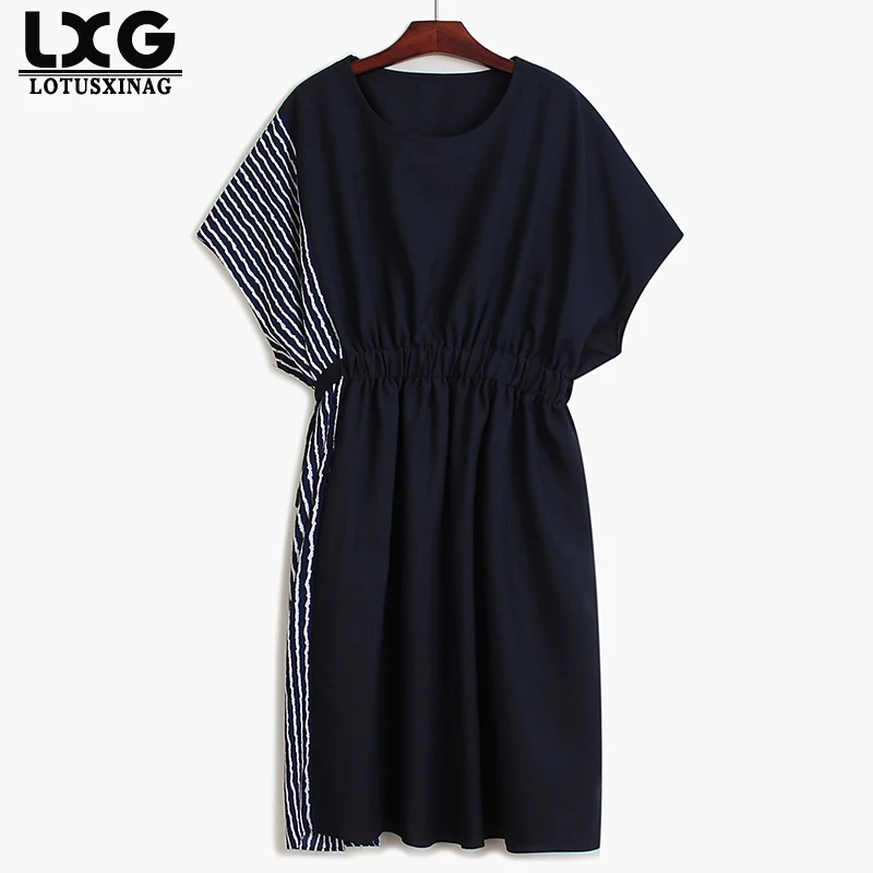 

Maternity New Spring Summer Round Neck Short Sleeve Black Striped Split Joint Lose Big Size Drawsting Dress Women Fashion