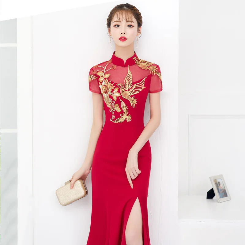 Традиционная вышивка невесты красный Cheongsam Китай Qipao свадебное платье Восточный вечернее платье длинный китайский новогодний костюм Qi Pao