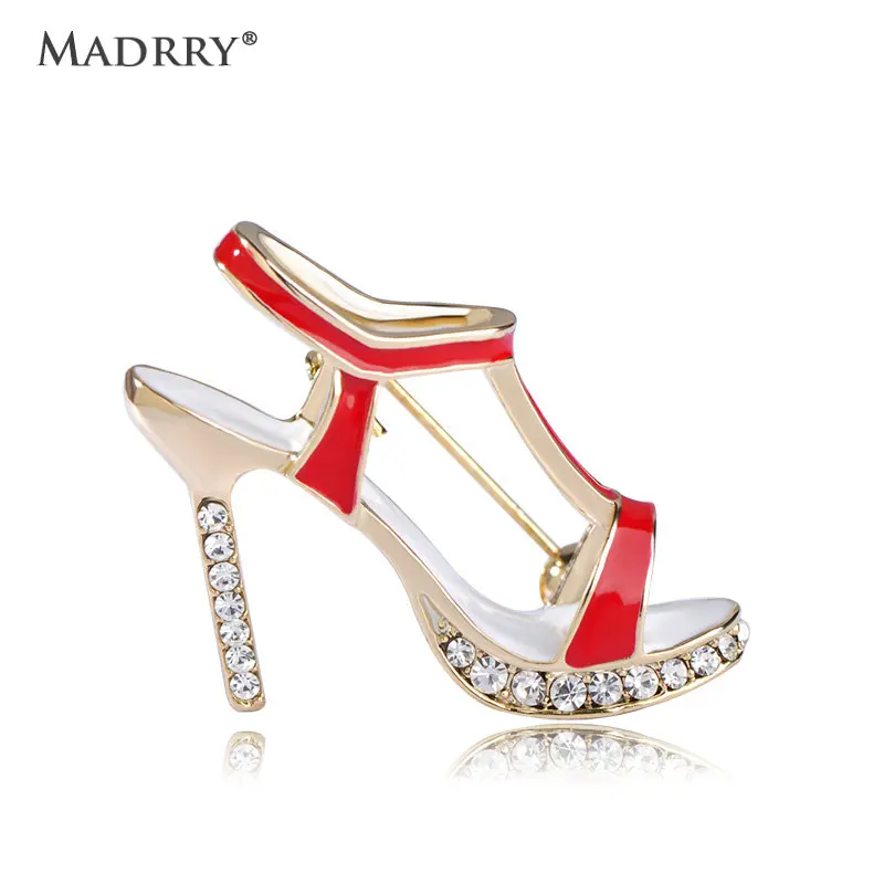 

Madrry High Heel Shoes Brooches For Women Red Enamel Gold-color Crystal Brooch Pins Shoulder Scarf Dress Collar Clip Accessories