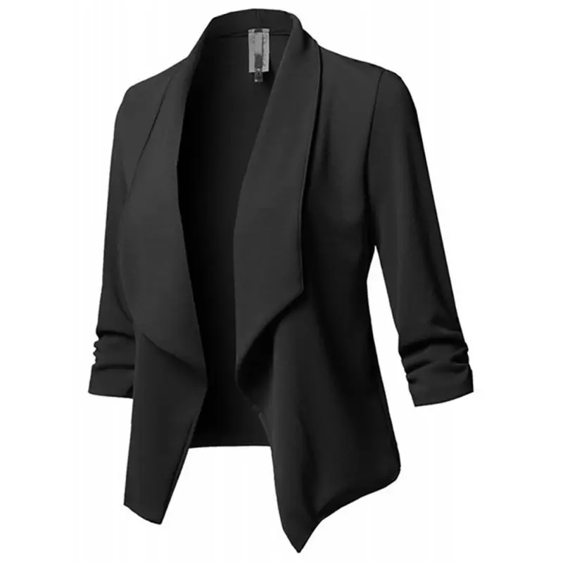 Тонкий Блейзер для женщин, осенняя куртка для женщин, для работы, офиса, леди, без пуговиц, однотонный, с отворотом, плиссированный, с длинным рукавом, деловой Блейзер, пальто - Цвет: Черный