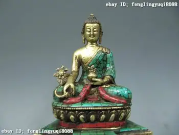 

8"Tibet Pure Bronze 24K Gild inlay turquoise Red coral Sakyamuni Buddha Statue Discount 55%