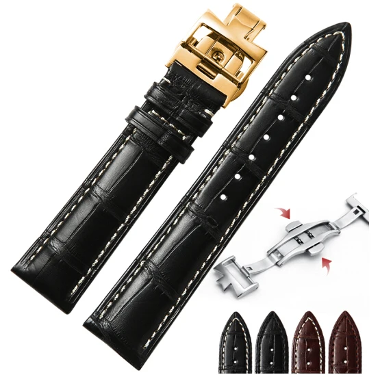 

Shi Hui crocodile leather watch with men and women Brown 20 21mm black white thread gold button interface width 20MM