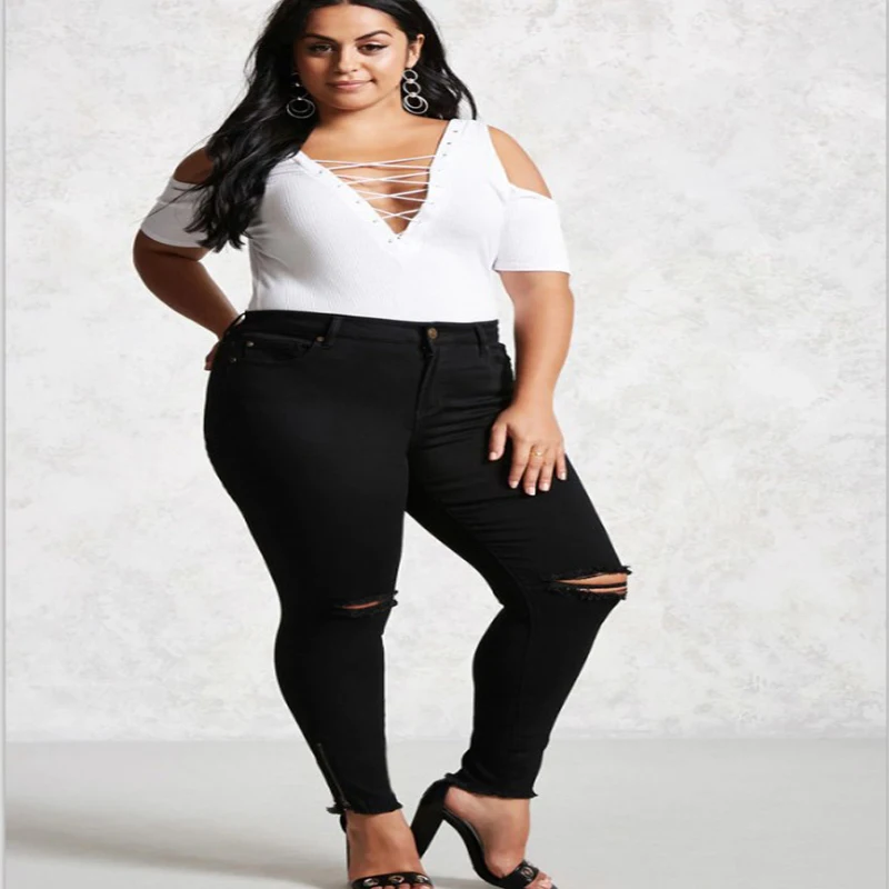 Babbytoro женские леггинсы 2019 хлопок плюс размер высокая талия 6xl 5xl 2xl рваные колени Джеггинсы брюки черные брюки-карандаш