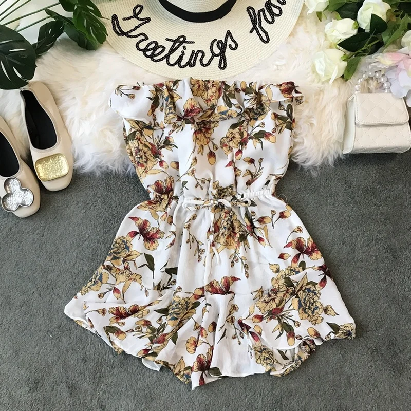 

Jumpsuits for Women 2019 Vintage Flora Printed One Shoulder Ruffles Playsuits Sexy Short Jumpsuit Bodysuit