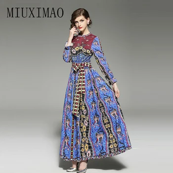

High Quality Newest 2018 Spring & Summer Vintage A-Line O-Neck Lantern Sleeve Sashes Fashion Elegant Ankle-Length Dress Women