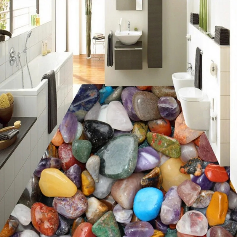 

Free Shipping custom 3D stereo multicolored stone floor painting bathroom bedroom Self-adhesive floor mural wallpaper