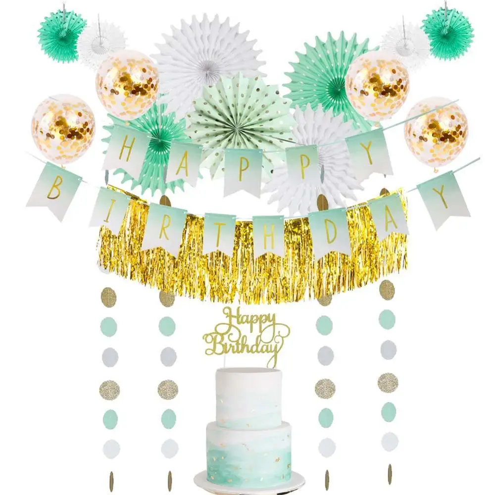 Мятные золотые украшения на день рождения набор бумажные вееры латексные шары торт Топпер точки гирлянда стол юбка декор для вечеринки в честь Дня Рождения - Цвет: Style 5