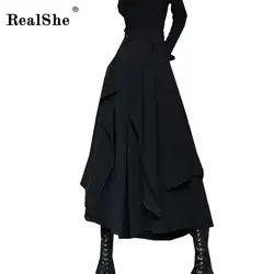 RealShe 2018 Высокое качество Весна женские широкие брюки Высокая талия молния черный Женская мода Низ Дамы Элегантный мотобрюки